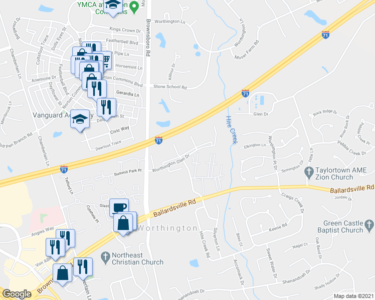 map of restaurants, bars, coffee shops, grocery stores, and more near 10402 Southern Meadows in Louisville
