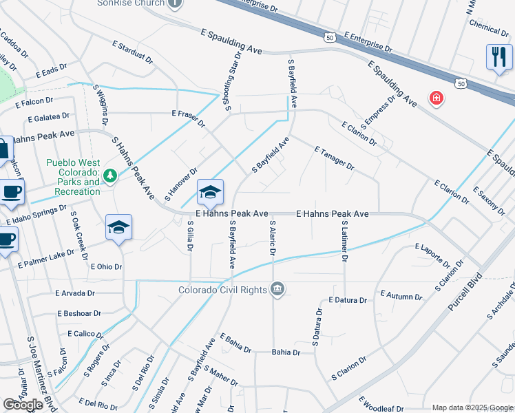map of restaurants, bars, coffee shops, grocery stores, and more near 469 East Hahns Peak Avenue in Pueblo West