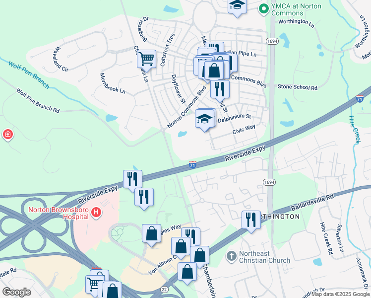 map of restaurants, bars, coffee shops, grocery stores, and more near 9300 Civic Way in Louisville