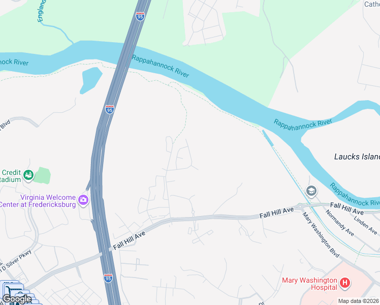 map of restaurants, bars, coffee shops, grocery stores, and more near Bakersfield Lane in Fredericksburg