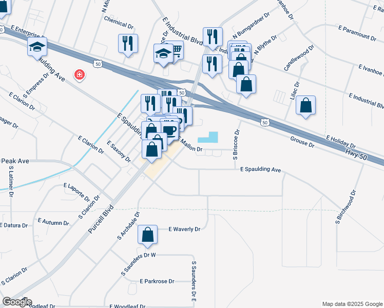 map of restaurants, bars, coffee shops, grocery stores, and more near 1012 East Mallon Drive in Pueblo