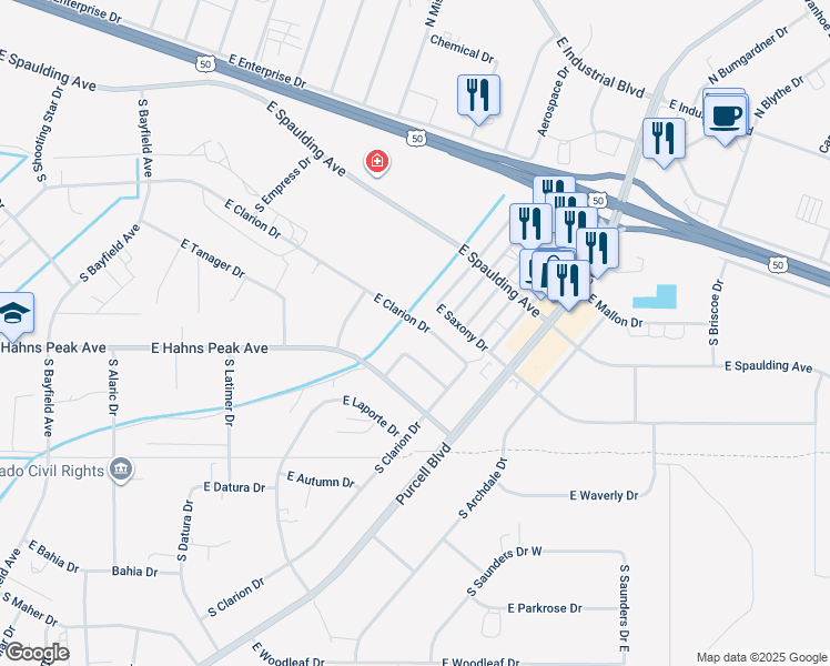 map of restaurants, bars, coffee shops, grocery stores, and more near 765 East Clarion Drive in Pueblo West
