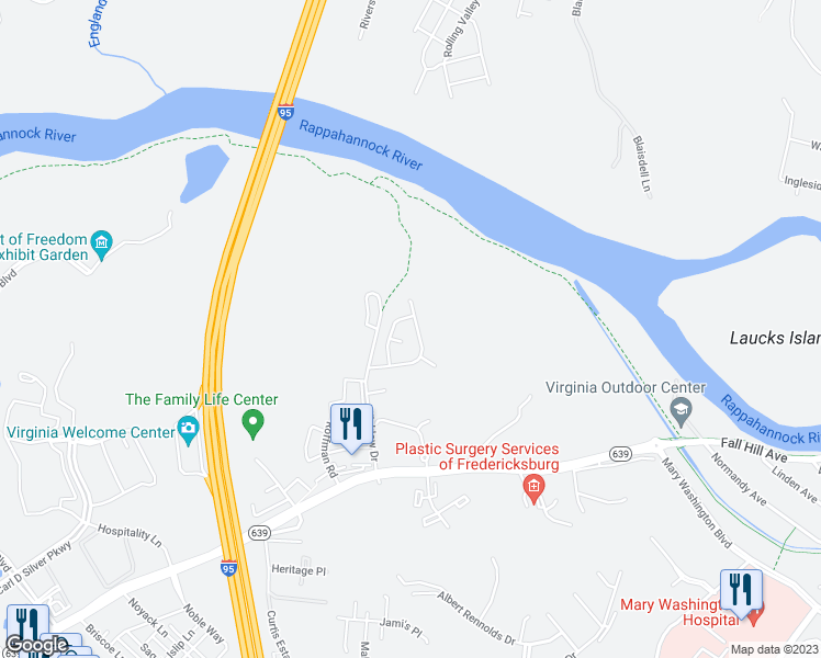 map of restaurants, bars, coffee shops, grocery stores, and more near 1013 Bakersfield Lane in Fredericksburg