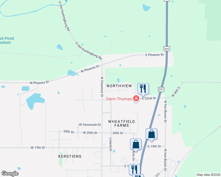 map of restaurants, bars, coffee shops, grocery stores, and more near 2304 Dean Court in Huntingburg