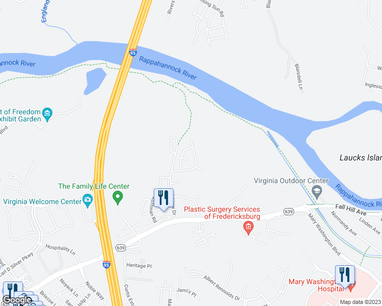map of restaurants, bars, coffee shops, grocery stores, and more near 1013 Bakersfield Lane in Fredericksburg