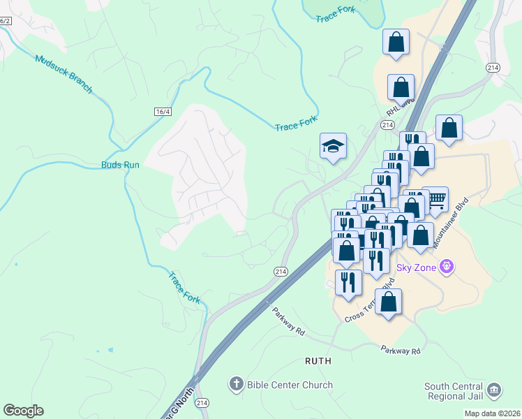 map of restaurants, bars, coffee shops, grocery stores, and more near 103 Graceland Circle in South Charleston