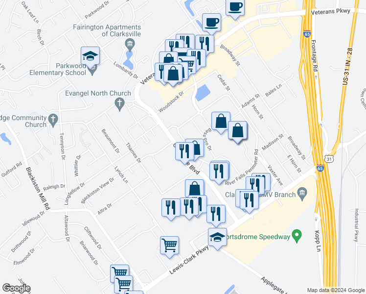 map of restaurants, bars, coffee shops, grocery stores, and more near 1620 Greentree Boulevard in Clarksville