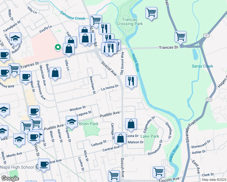 map of restaurants, bars, coffee shops, grocery stores, and more near 740 Marsh Drive in Napa