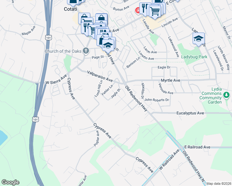 map of restaurants, bars, coffee shops, grocery stores, and more near 8251 Honor Place in Cotati