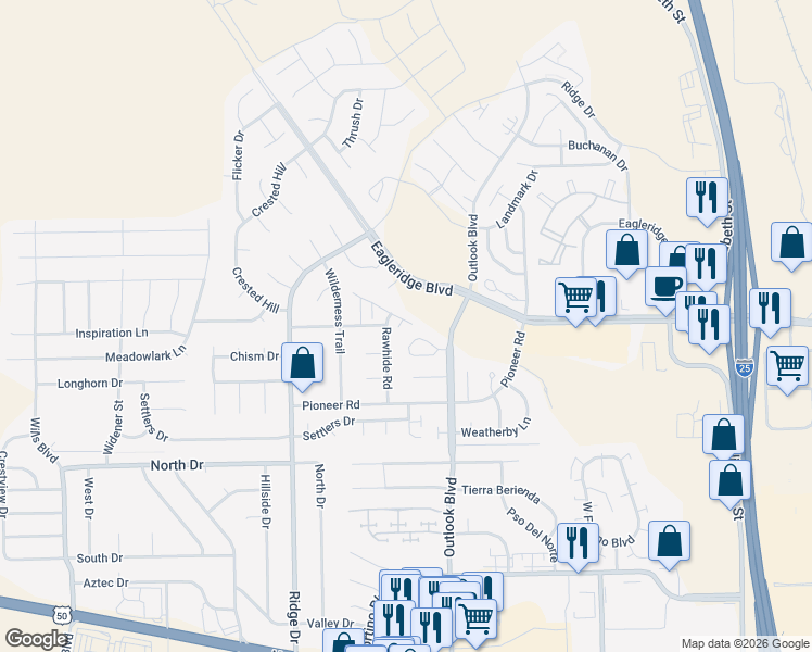 map of restaurants, bars, coffee shops, grocery stores, and more near 5055 Outlook Boulevard in Pueblo