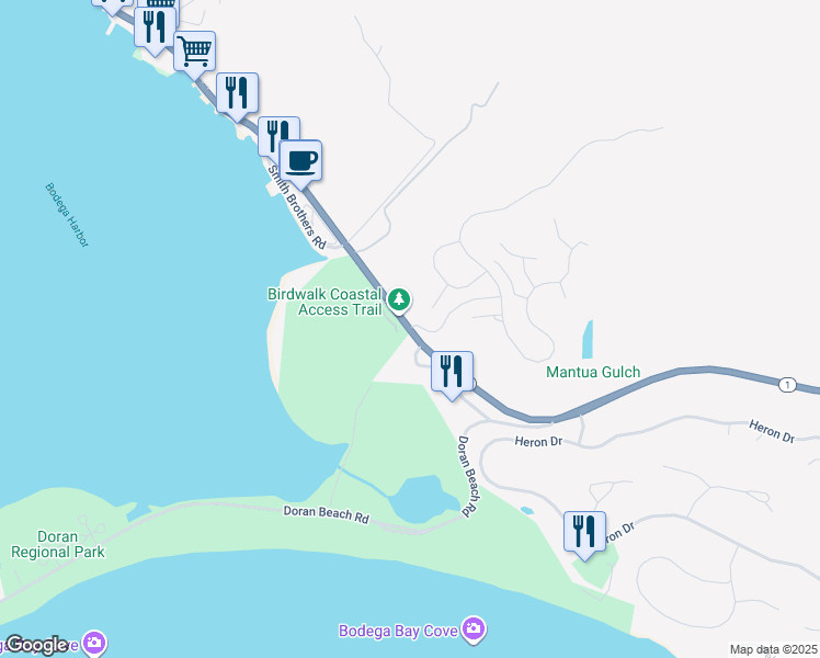 map of restaurants, bars, coffee shops, grocery stores, and more near 521 California 1 in Bodega Bay