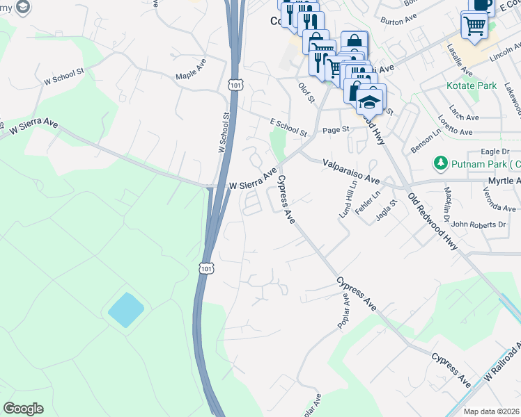 map of restaurants, bars, coffee shops, grocery stores, and more near 116 Oretsky Way in Cotati
