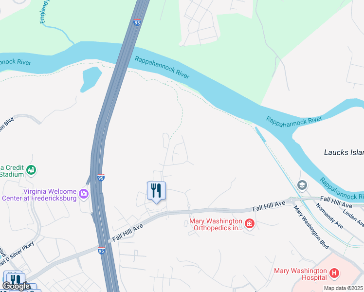 map of restaurants, bars, coffee shops, grocery stores, and more near 1011 Bakersfield Lane in Fredericksburg