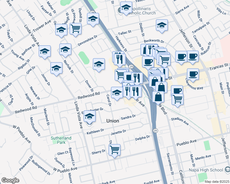 map of restaurants, bars, coffee shops, grocery stores, and more near 2101 Redwood Road in Napa