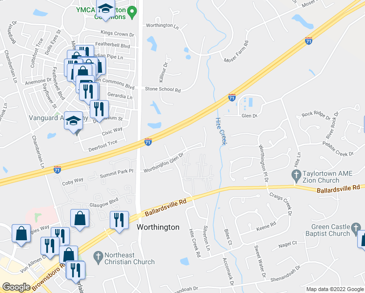 map of restaurants, bars, coffee shops, grocery stores, and more near 10502 Southern Meadows in Louisville
