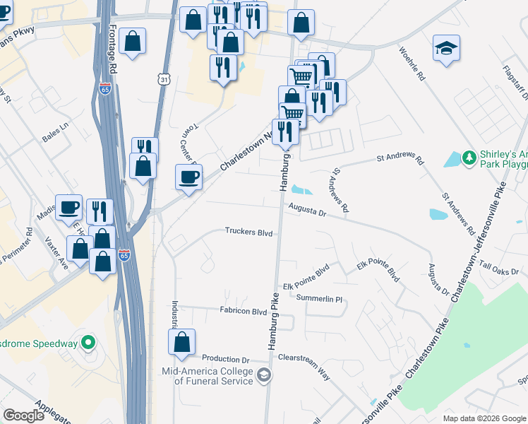 map of restaurants, bars, coffee shops, grocery stores, and more near 1608 Waverly Road in Jeffersonville
