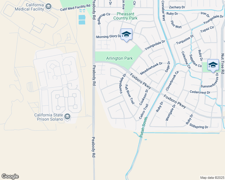 map of restaurants, bars, coffee shops, grocery stores, and more near 125 Hunters Glen Court in Vacaville