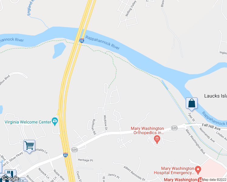 map of restaurants, bars, coffee shops, grocery stores, and more near 1003 River Walk Street in Fredericksburg