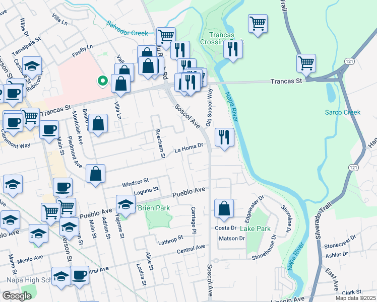 map of restaurants, bars, coffee shops, grocery stores, and more near 2865 La Homa Drive in Napa