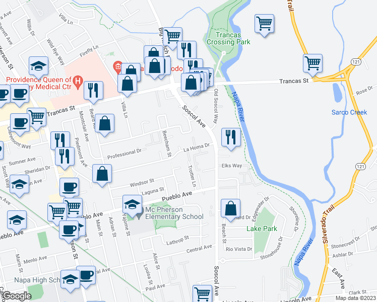 map of restaurants, bars, coffee shops, grocery stores, and more near 2867 La Homa Drive in Napa