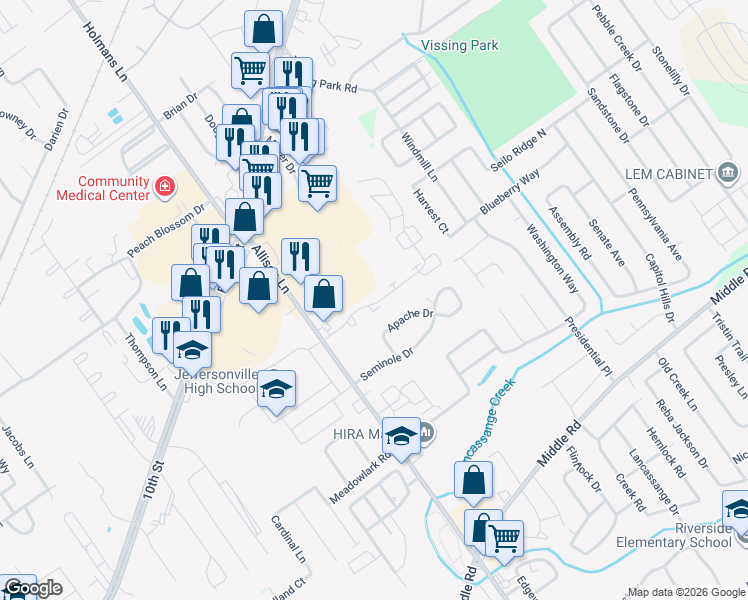 map of restaurants, bars, coffee shops, grocery stores, and more near 3063 Wooded Way in Jeffersonville