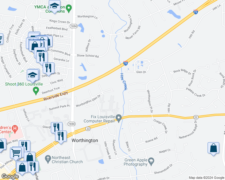 map of restaurants, bars, coffee shops, grocery stores, and more near 5309 Rolling Rock Court in Louisville