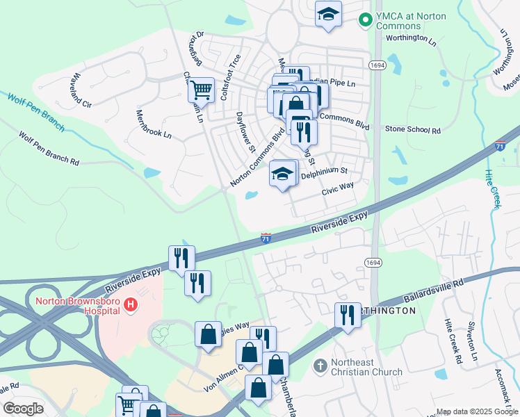 map of restaurants, bars, coffee shops, grocery stores, and more near 5217 Chamberlain Lane in Prospect