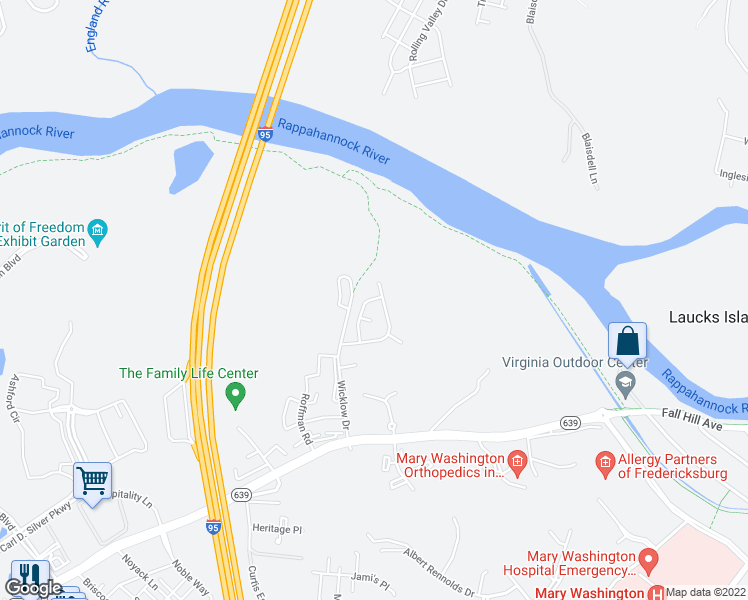 map of restaurants, bars, coffee shops, grocery stores, and more near 1014 River Walk Street in Fredericksburg