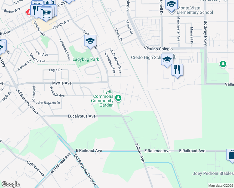 map of restaurants, bars, coffee shops, grocery stores, and more near 553 Lydia Court South in Rohnert Park