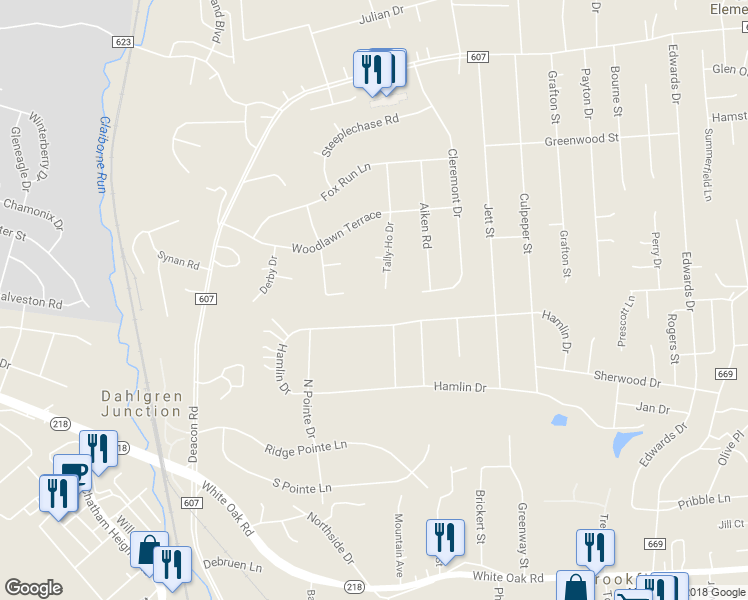 map of restaurants, bars, coffee shops, grocery stores, and more near 28 Tally-Ho Drive in Fredericksburg