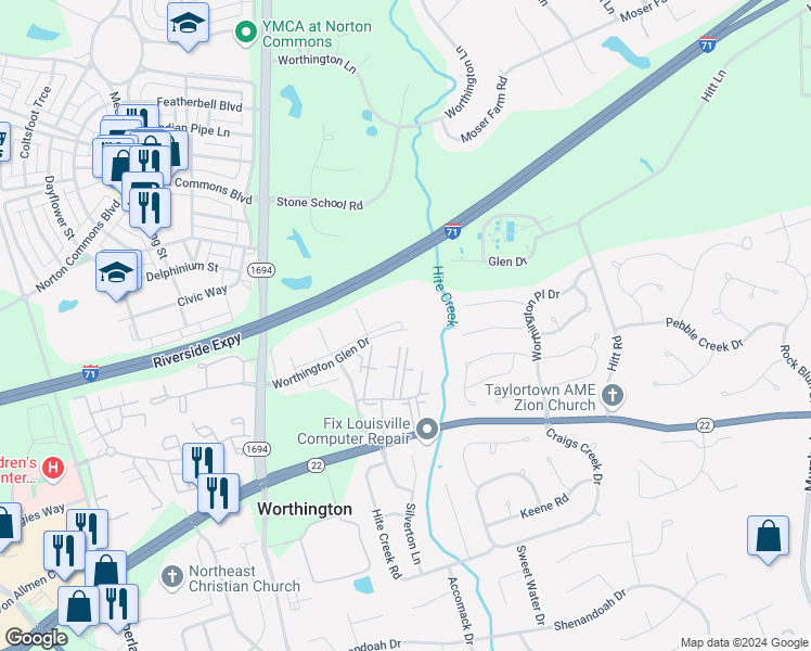 map of restaurants, bars, coffee shops, grocery stores, and more near 5309 Rolling Rock Court in Louisville