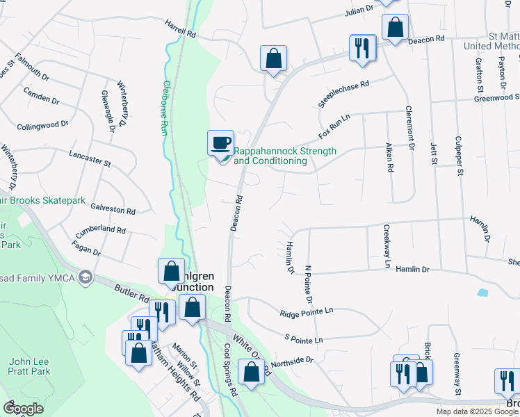 map of restaurants, bars, coffee shops, grocery stores, and more near 8 Derby Drive in Fredericksburg