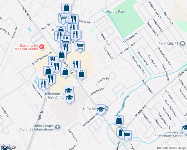 map of restaurants, bars, coffee shops, grocery stores, and more near 3063 Wooded Way in Jeffersonville