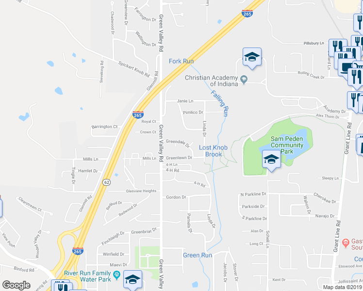 map of restaurants, bars, coffee shops, grocery stores, and more near 204 Greendale Drive in New Albany
