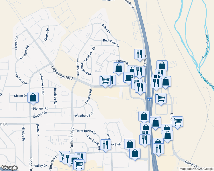 map of restaurants, bars, coffee shops, grocery stores, and more near 367 Eagleridge Boulevard in Pueblo