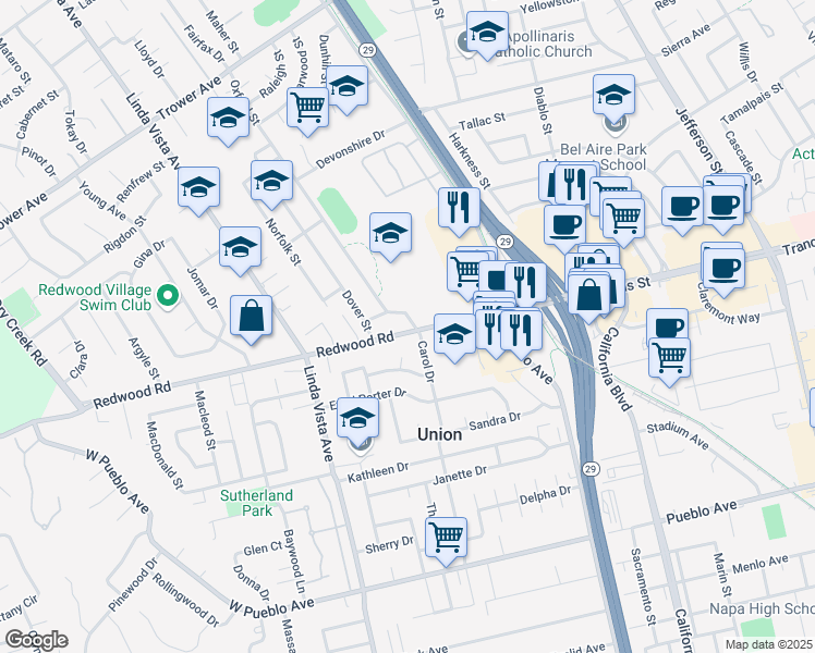 map of restaurants, bars, coffee shops, grocery stores, and more near 2200 Redwood Road in Napa