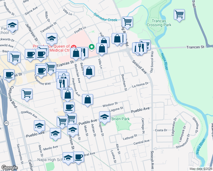 map of restaurants, bars, coffee shops, grocery stores, and more near 880 Professional Drive in Napa