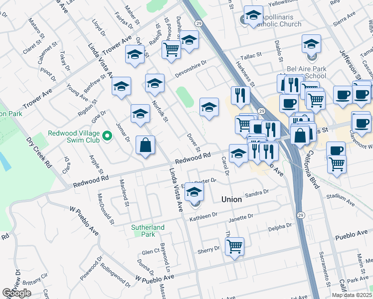 map of restaurants, bars, coffee shops, grocery stores, and more near 2350 Redwood Road in Napa