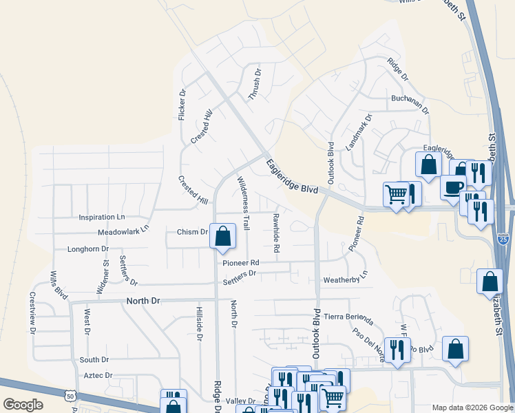 map of restaurants, bars, coffee shops, grocery stores, and more near 4400 Rawhide Road in Pueblo