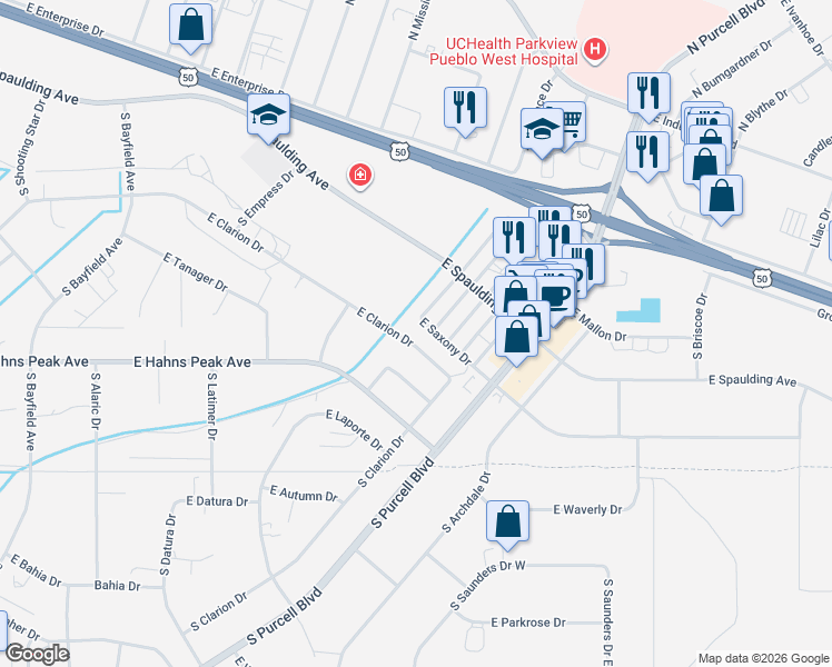 map of restaurants, bars, coffee shops, grocery stores, and more near 765 East Clarion Drive in Pueblo West