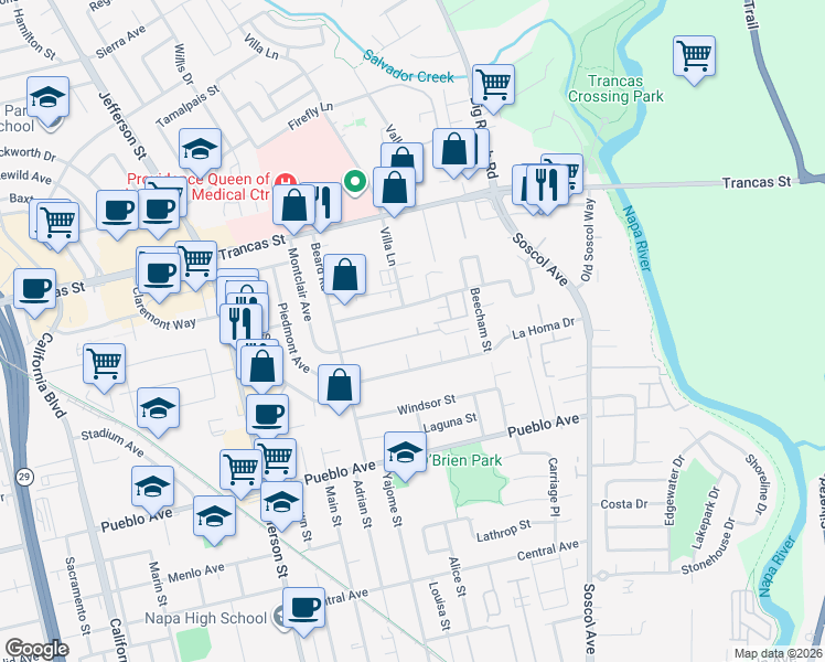 map of restaurants, bars, coffee shops, grocery stores, and more near 880 Professional Drive in Napa