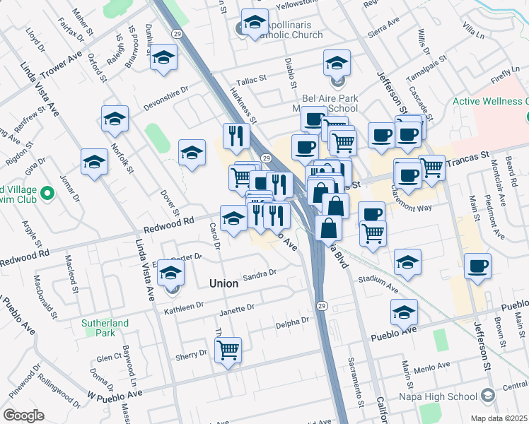 map of restaurants, bars, coffee shops, grocery stores, and more near in Napa