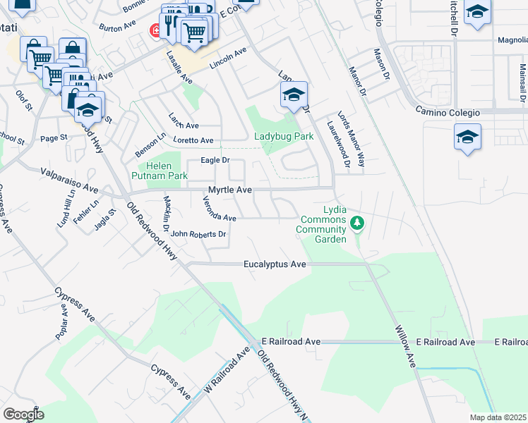 map of restaurants, bars, coffee shops, grocery stores, and more near 120 Keppel Way in Cotati