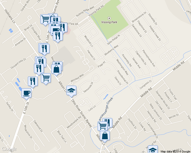 map of restaurants, bars, coffee shops, grocery stores, and more near 3020 Seminole Drive in Jeffersonville
