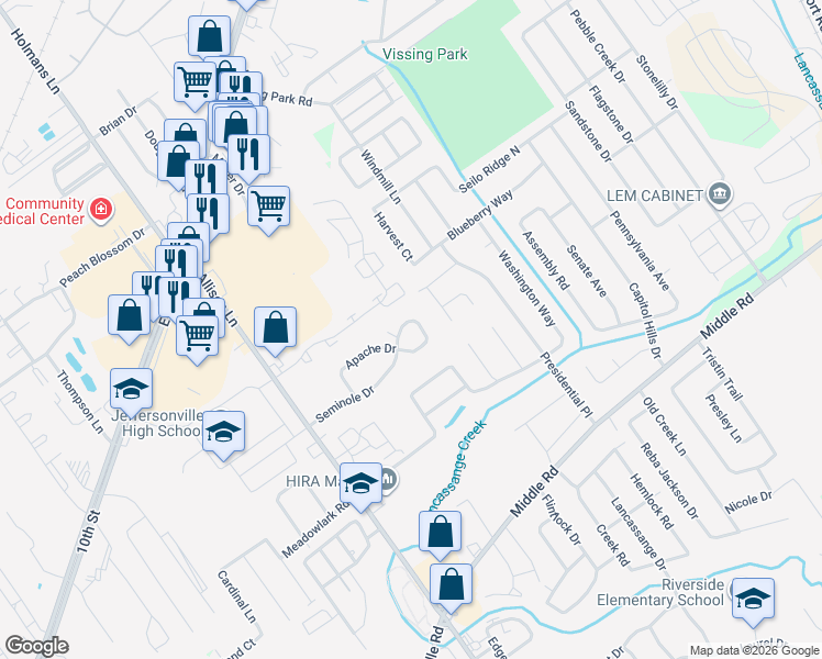 map of restaurants, bars, coffee shops, grocery stores, and more near 3020 Seminole Drive in Jeffersonville