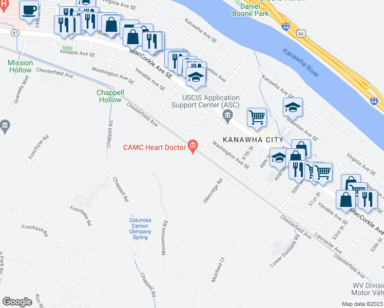 map of restaurants, bars, coffee shops, grocery stores, and more near 4407 Chesterfield Avenue in Charleston