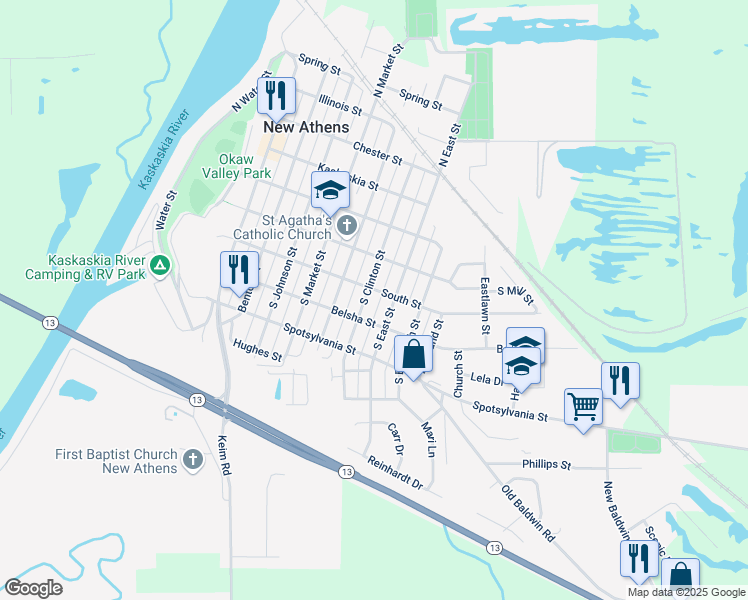 map of restaurants, bars, coffee shops, grocery stores, and more near 400 South East Street in New Athens