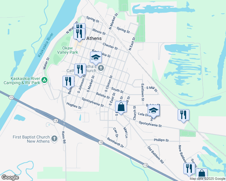 map of restaurants, bars, coffee shops, grocery stores, and more near 400 South East Street in New Athens