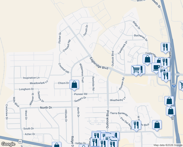 map of restaurants, bars, coffee shops, grocery stores, and more near 4400 Rawhide Road in Pueblo