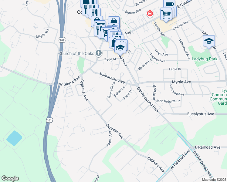 map of restaurants, bars, coffee shops, grocery stores, and more near 8770 Lund Hill Lane in Cotati
